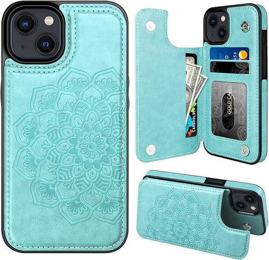 MMHUO for iPhone 15 Case with Card Holder,Flower Magnetic Buttons Protective Wallet Case for Women for iPhone 15,Mint