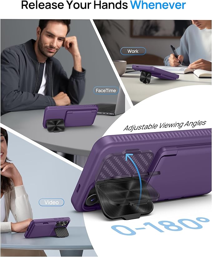 for Samsung Galaxy S24 Fe Case with Kickstand & Card Holder & Camera Lens Cover, Military Grade Drop Protection Shockproof Rugged Stand Wallet Phone Case for Galaxy S24 Fe 6.7" 2024, Purple