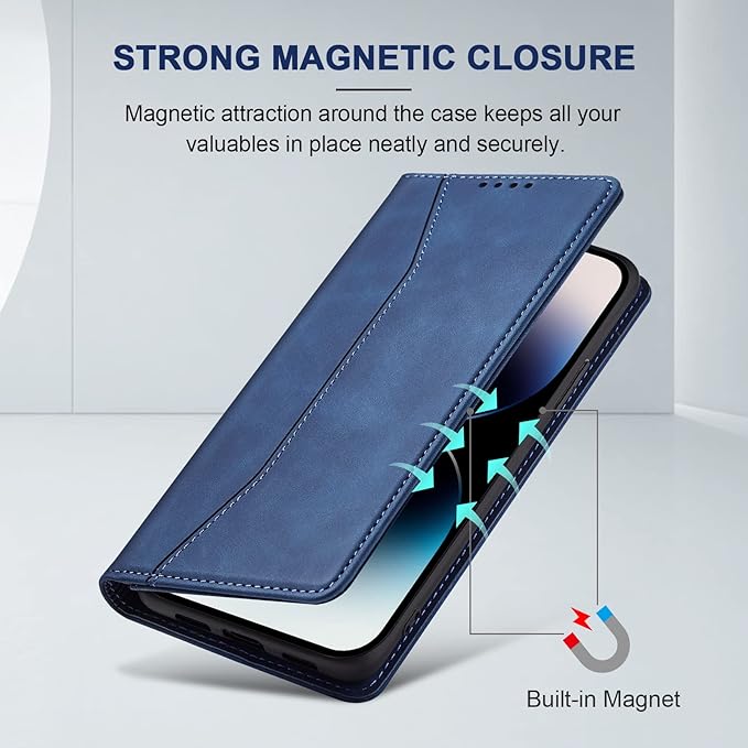 Jasonyu Flip Wallet Case for iPhone 14 Pro 5G,Leather Magnetic Folio Cover with Card Holder,Kickstand - TPU Shockproof Durable Protective Phone Case,Blue