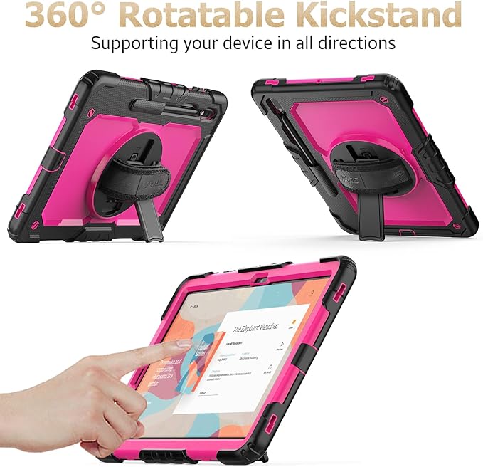 SEYMAC stock Case for Samsung Galaxy Tab S7 FE / S8 Plus 5G Case 12.4'' with Screen Protector Pencil Holder [360 Rotating Hand Strap] &Stand, Drop-Proof, Rose/Black
