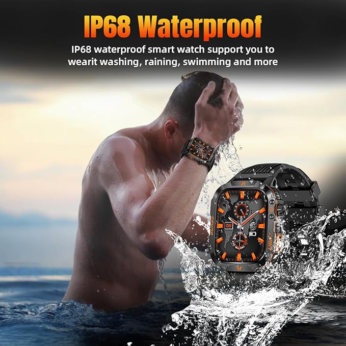 Military Smartwatch for Men, LED Flashlight Bluetooth Call IP68 Waterproof Heart Rate Blood Oxygen Sleep Tracker Fitness Pedometer Android/iOS Compatible - Ideal for Hunting Hiking Extreme Sports