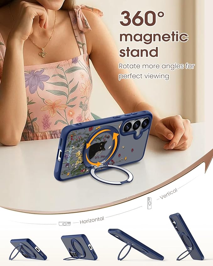 for Samsung Galaxy S25 Case with 360° Rotatable Magnetic Ring - Compatible with MagSafe, Semi-Transparent Anti-Fingerprint Soft-Touch Material Shockproof, Cute Black Cat Design for Women Girl