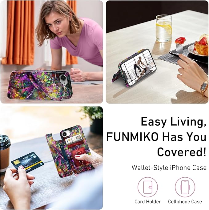 FUNMIKO for iPhone 16e Wallet Case with Card Holder, RFID-Blocking, Military-Grade Protection & UV-Printed Artwork, Magnetic Closure with Leather Kickstand - Vibrant Elegant Butterfly