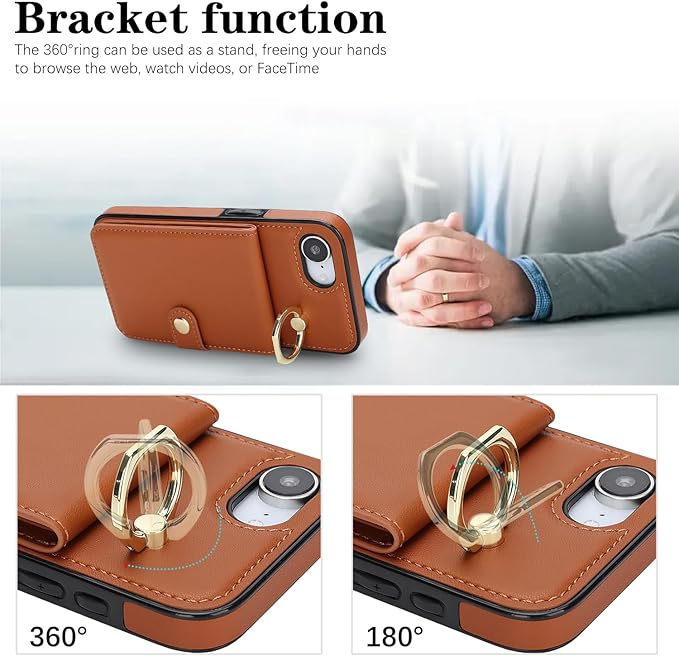 Compatible iPhone 16e Wallet Case with Card Holder RFID Blocking PU Leather Doubles as a Wallet Unisex Flip Shockproof Protection with Card Slots Ring Wrist Kickstand Function,Brown