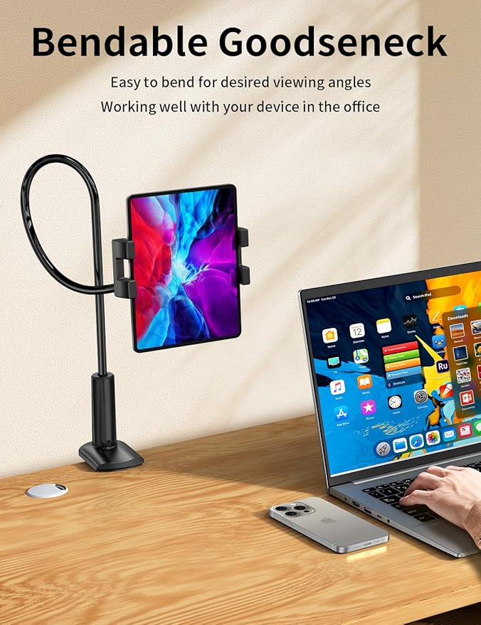 Gooseneck Tablet Holder Stand for Bed Adjustable Flexible Long Arm Tablets Mount Clamp on Table Compatible with iPad Air Mini | Galaxy Tabs | Kindle Fire | Switch or Other 4.7-12.9" Devices