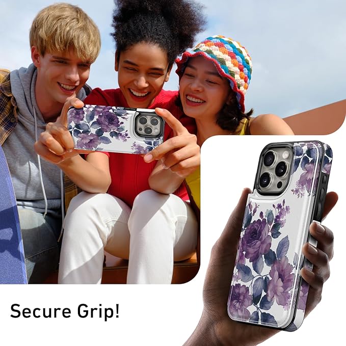 FUNMIKO for iPhone 14 Pro Max Wallet Case with Card Holder, RFID-Blocking, Military-Grade Protection & UV-Printed Artwork, Magnetic Closure with Leather Kickstand - Elegant Purple Floral