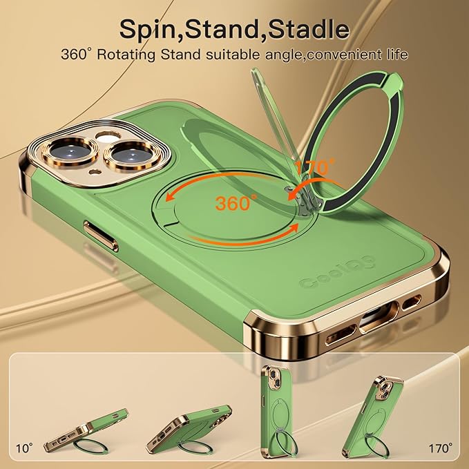COOLQO for iPhone 15 Plus Case 6.7'' Upgraded 360° Spin Magnetic Stand [Compatible with Magsafe][Military Protection] Shockproof Protective Phone Holder Cover for iPhone 15 Plus, Matcha Gold