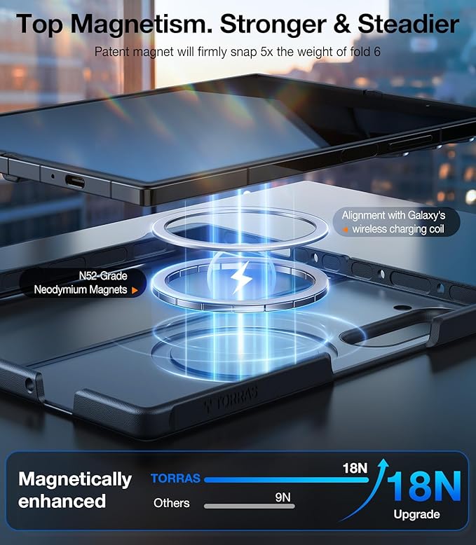 TORRAS for Samsung Galaxy Z Fold 6 Case with Screen Protector, [Compatible with Magsafe] [Military Grade Drop Tested] Translucent Slim Phone Magnetic Shockproof Case ONLY for Z Fold 6, Black