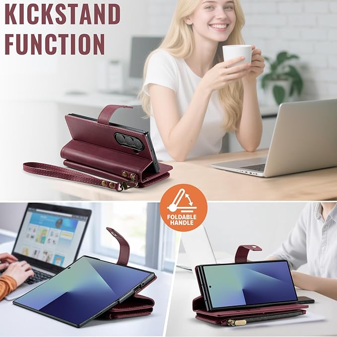 Vinich for Samsung Galaxy Z Fold 7 Wallet Case with Card Holder, Detachable Strap RFID Blocking Credit Slots Kickstand Shockproof Phone Cover for Women Men, Burgundy