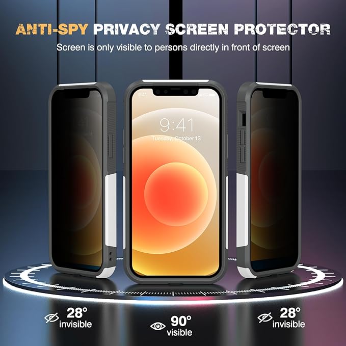 Diaclara Designed for iPhone 12 Case/iPhone 12 Pro Case, [with Privacy Screen Protector] [Anti Spy] [Military Grade Drop Protection] Heavy Duty Full-Body Shockproof Phone Case, White