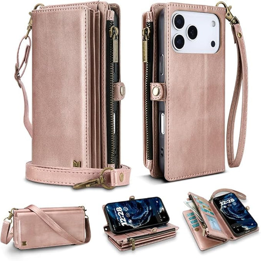 for iPhone 17 Pro Max Wallet Phone Case with 8 Card Holder,RFID Blocking | PU Leather | Kickstand | Flip | Wrist Strap&Shoulder Strap | Shockproof | Zipper Wallet | Women Men | 6.9" | Rose Gold