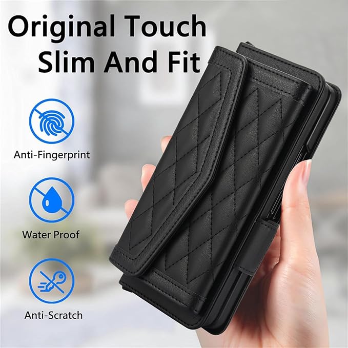 for Samsung Galaxy Z Fold 7 Wallet Case - Stitching Pattern RFID Blocking Card Holder, S Pen Slot Crossbody Strap, Full Body Protection Flip Cover for Women Black