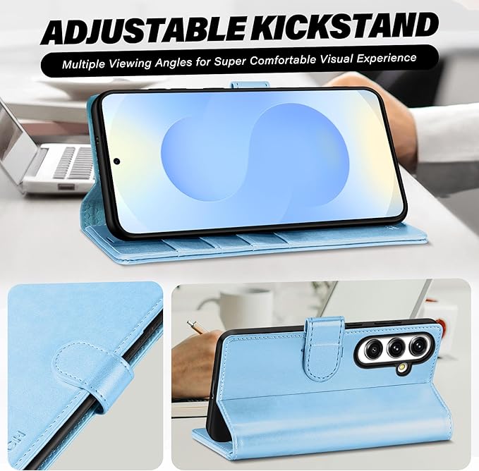 TUCCH Case Wallet for Galaxy S25 FE 5G, Magnetic PU Leather Kickstand [RFID Blocking] 4 Card Slots Flip Cover with [TPU Shockproof Interior Shell] (6.7") 2025, Pearly Light Blue