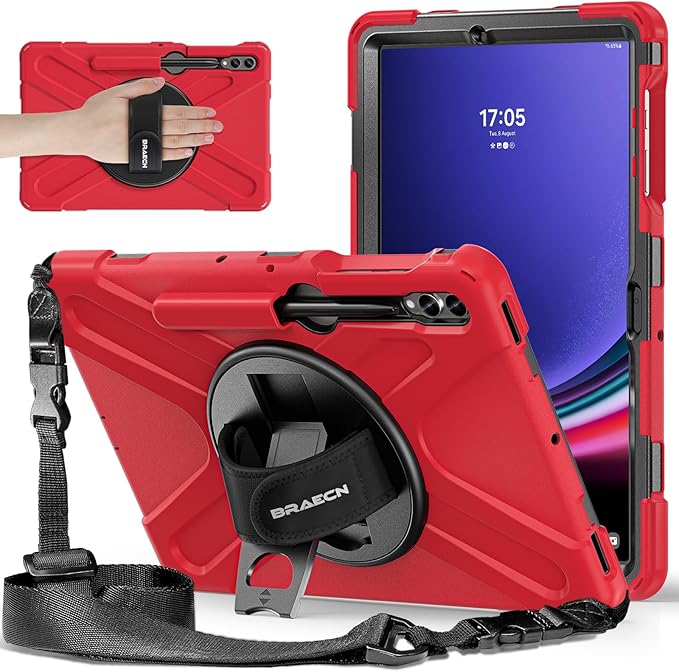 BRAECNstock for Samsung Galaxy Tab S10+ Plus/ S9 FE+ Plus/ S9+ Plus/ S8+ Plus/ S7 FE/ S7+ Plus 5G Tablet Case 12.4 inch Shockproof Protective Kids Cover with Pen Holder Rotating Stand+Hand Strap - Red