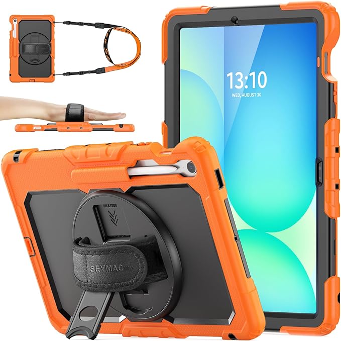 SEYMAC stock Case for Samsung Galaxy Tab S10 FE+ Plus 5G Tablet Case 13.1'' Protective with Screen Protector, Pencil Holder, 360 Rotating Stand, Hand Strap, Shoulder Strap, Black+Orange