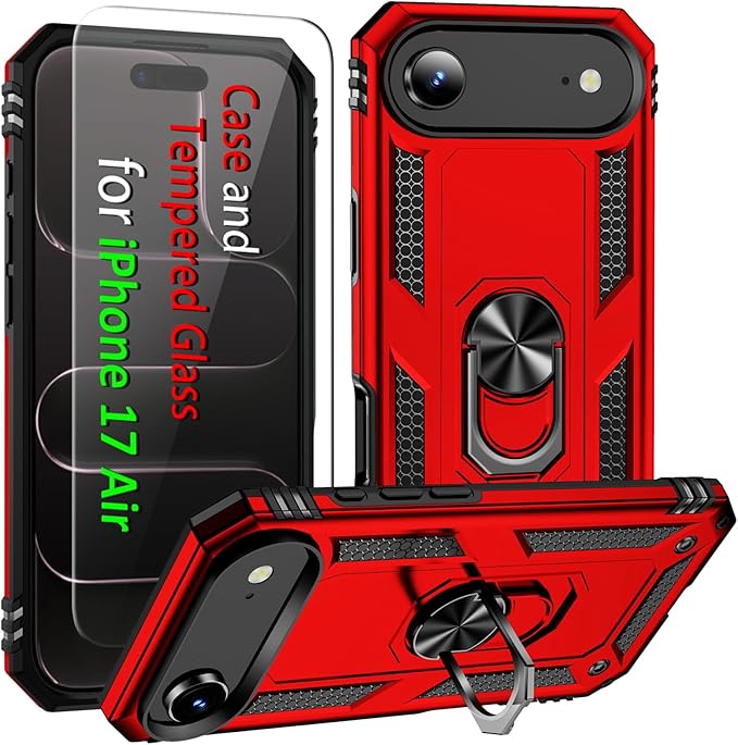 ADDIT Compatible with iPhone 17 Air Case with Tempered Glass Screen Protector, Adjustable Kickstand Ring, Military-Grade Heavy Duty Protection, Shockproof, Anti-Fingerprint,Red