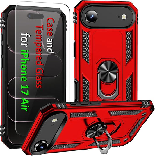 ADDIT Compatible with iPhone 17 Air Case with Tempered Glass Screen Protector, Adjustable Kickstand Ring, Military-Grade Heavy Duty Protection, Shockproof, Anti-Fingerprint,Red