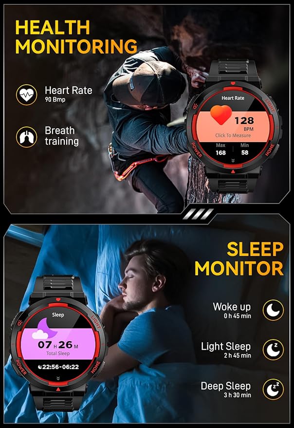 Military Smart Watch for Men with LED Flashlight Tactical Smart Watch 1.53”HD Screen Rugged Smartwatch 3ATM Waterproof 100+ Sports Fitness Tracker with Heart Rate Monitor for iOS Android