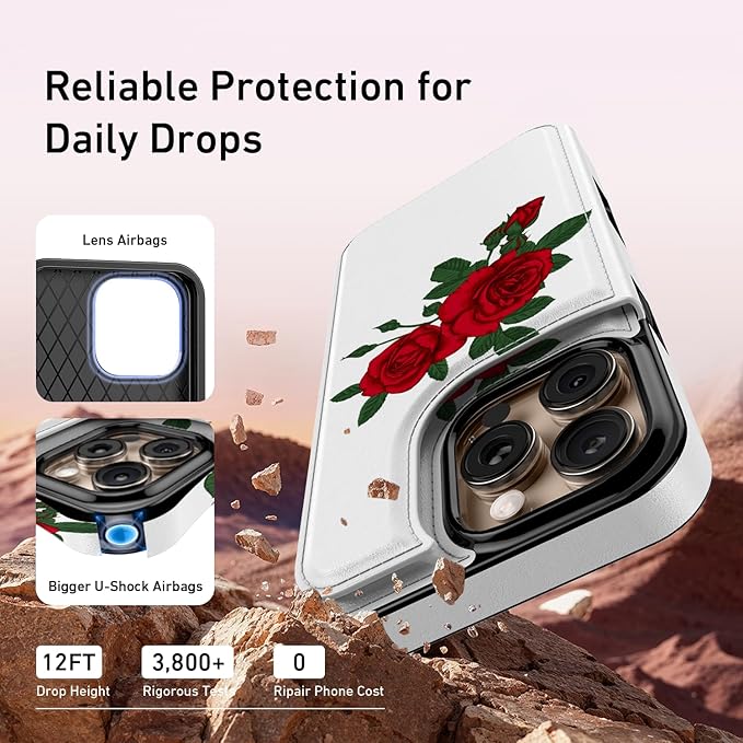 FUNMIKO for iPhone 16 Pro Max Wallet Case with Card Holder, RFID-Blocking, Military-Grade Protection & UV-Printed Artwork, Magnetic Closure with Leather Kickstand - Blooming Red Rose