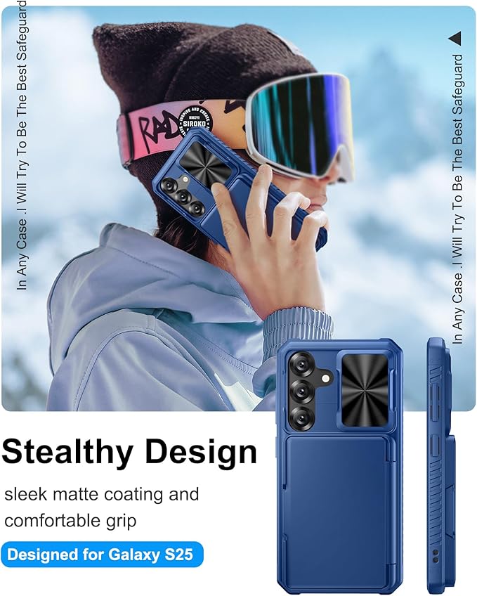 for Samsung Galaxy S25 Wallet Case, Card Holder (4-5 Cards), RFID Block, Slide Camera Cover & Military Grade Drop Proof, Hard Heavy Duty Men Women Protective Phone Case for Galaxy S25, Blue