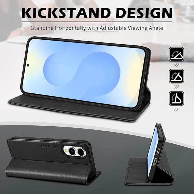 SHIELDON Case for Galaxy S25 Edge 6.7", Genuine Leather Folio Wallet Cover with Kickstand RFID Blocking Card Holder Magnetic Full Protective Case Compatible with Galaxy S25 Edge 2025 - Nappa Black