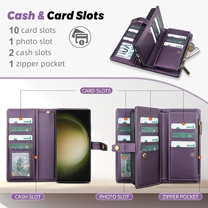 TwoHead for Samsung Galaxy S23 Ultra Wallet Case with Card Holder & Detachable Magnetic Phone Case for Galaxy S23 Ultra,PU Leather Shockproof Protective Phone Cover Wallet(6.8 in,Deep Purple)