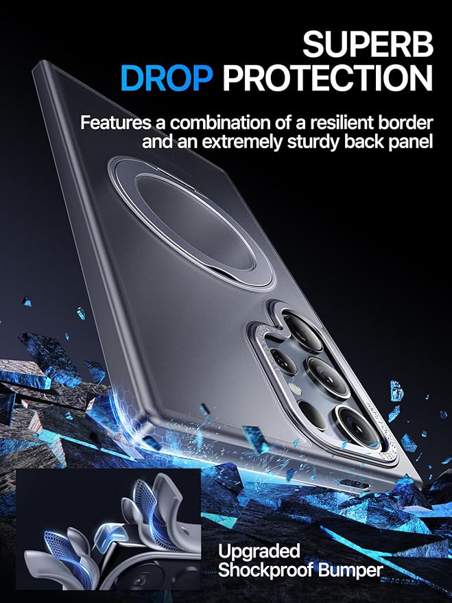 QTlier for Samsung Galaxy S24 Ultra Case, 360° Rotatable Magnetic Ring Stand Case, [Military-Grade Protection] [Raised Camera Frame] Case for Samsung Galaxy S24 Ultra, Matte Translucent Grey