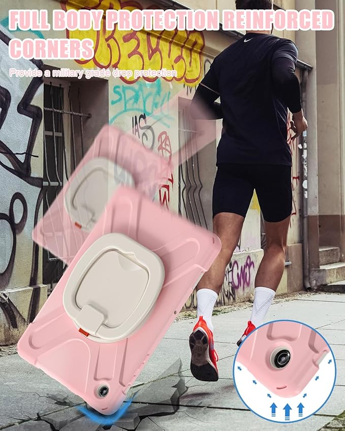 BRAECN Kids Case for Samsung Galaxy Tab A9+/ A9 Plus 11 Inch 2023 SM-X210/X216/X218, Heavy Duty Protective Silicone Cover with Screen Protector, Handle Grip, Swivel Stand, Shoulder Strap, Sakura Pink