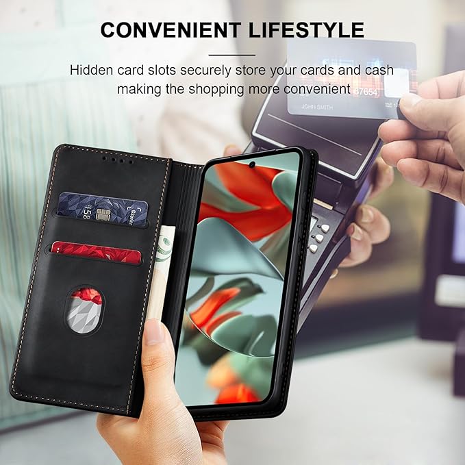 Jasonyu Flip Wallet Case for Google Pixel 9 Pro XL,Leather Magnetic Folio Cover with Card Holder,Kickstand - TPU Shockproof Durable Protective Phone Case,Black