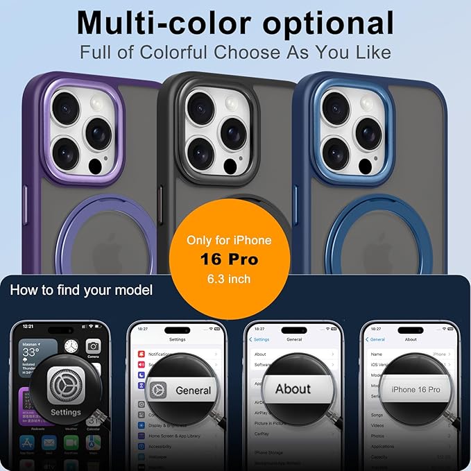 ZIYE Magnetic Case for iPhone 16 Pro Case with Stand [Compatible with MagSafe] Slim Shockproof Military Grade Heavy Duty Cover with 360 Rotatable Ring Kickstand for Women Men, Translucent Blue