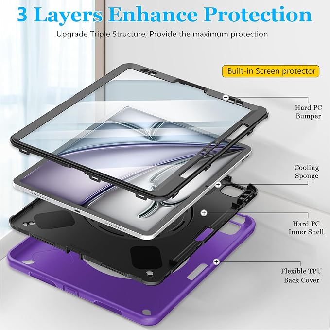 Case for iPad Air 13 Inch M3 2025 & M2 2024: Military Grade Cover for iPad Pro 12.9 6th/5th/4th/3rd Generation W/Screen Protector- Stand- Pencil Holder- Handle- Shoulder Strap- Purple