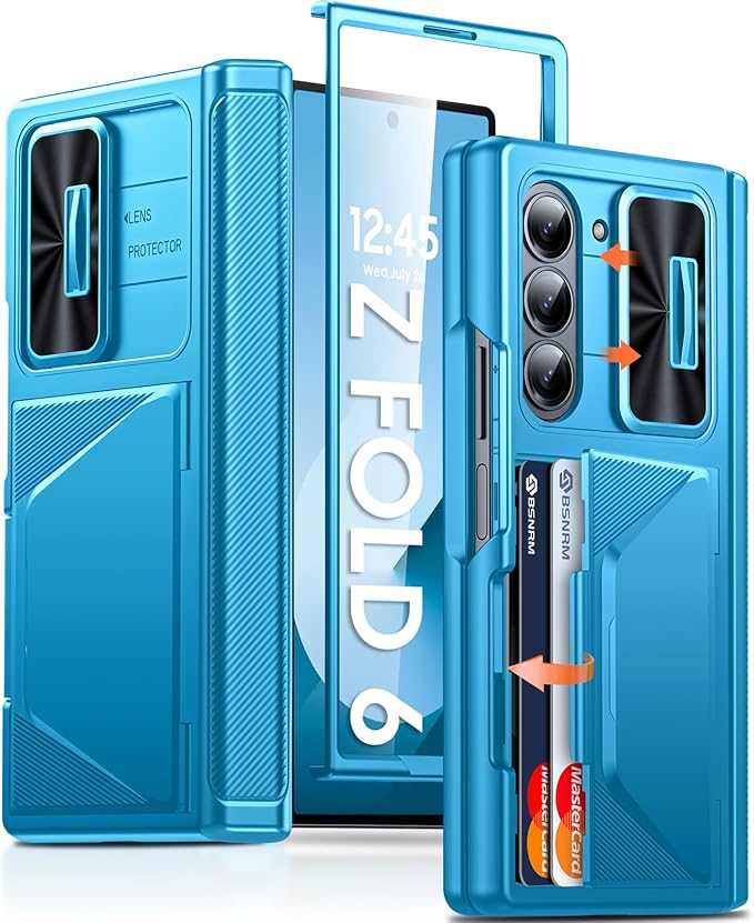 for Samsung Galaxy Z Fold 6 Case with Card Holder, Built in RFID Blocking & Slide Camera Cover & Hinge Protection & Full-Body Rugged Shockproof Wallet Case for Galaxy Z fold 6 (Lake Blue)