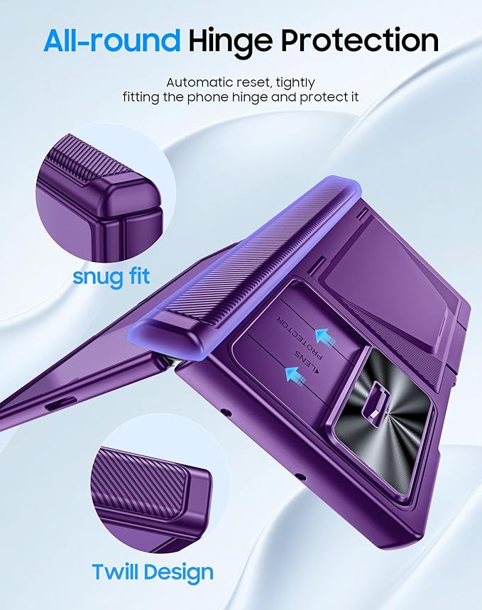 for Samsung Galaxy Z Fold 7 Case with Card Holder RFID Blocking, Built in Slide Lens Cover & Hinge Protection & Screen Protector, Shockproof Wallet Case for Z Fold 7 (Purple)