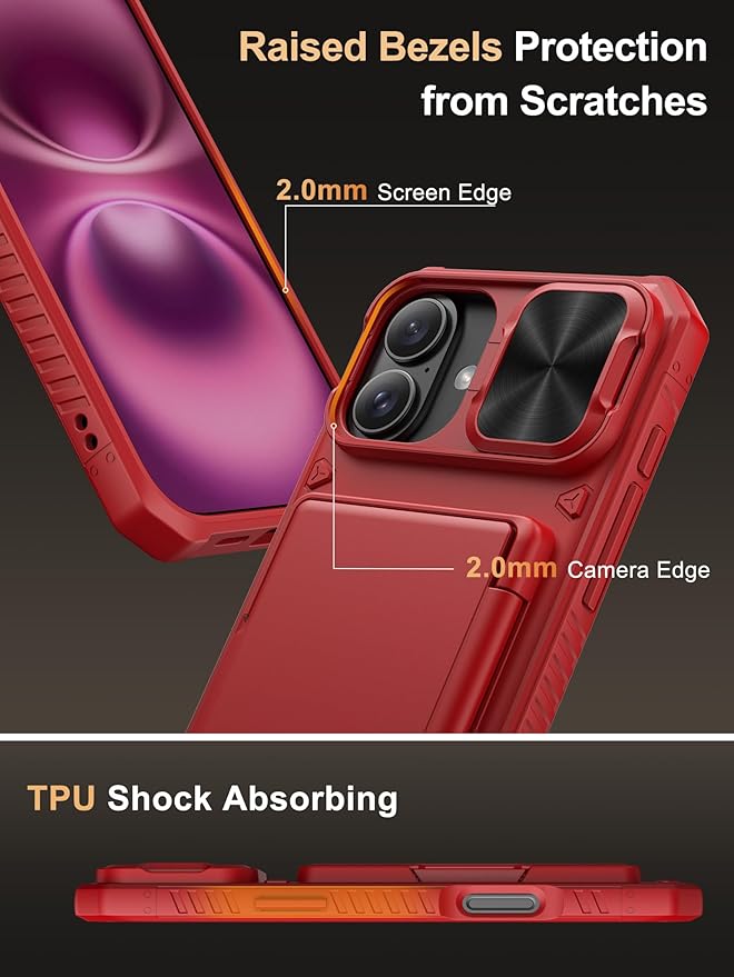 Vihibii for iPhone 16 Plus Wallet Case with Card Holder (4 Cards) [RFID Blocking] & Slide Camera Cover & Raised Edges Protect Screen, Shockproof Rugged Phone Case for iPhone 16 Plus 6.7", Red