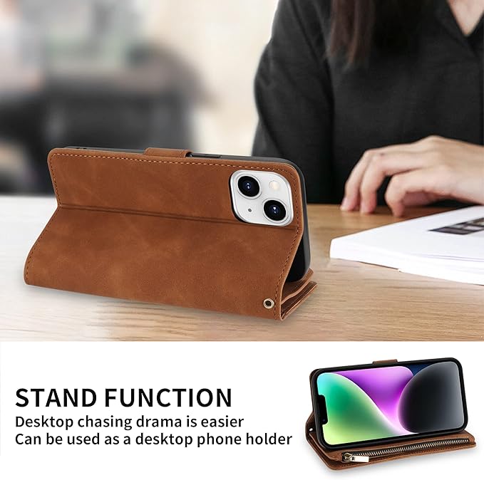 ZZXX for iPhone 14 Case Wallet with [RFID Blocking] Card Slot Premium Soft PU Leather Zipper Flip Folio with Wrist Strap Kickstand Protective Phone Cover for iPhone 14 Wallet Case(Brown-6.1 inch)