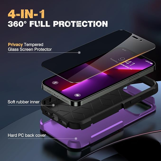 Diaclara Designed for iPhone 13 Pro Max Case, [with Privacy Screen Protector] [Anti Spy] [Military Grade Drop Protection] Heavy Duty Full-Body Shockproof Phone Case, Purple