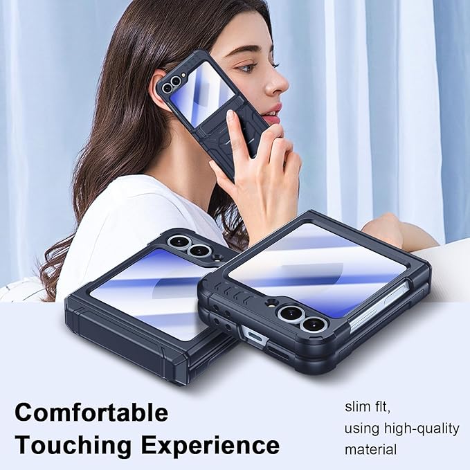 Military-Grade Protection ZFlip 6 / ZFlip 7 FE Case for Samsung Galaxy Z Flip 6 & Flip 7 FE: Shockproof TPU Frame, Hinge Protection, Glass Screen Protector, Anti-Slip Rugged Phone Cover (Dark Blue)