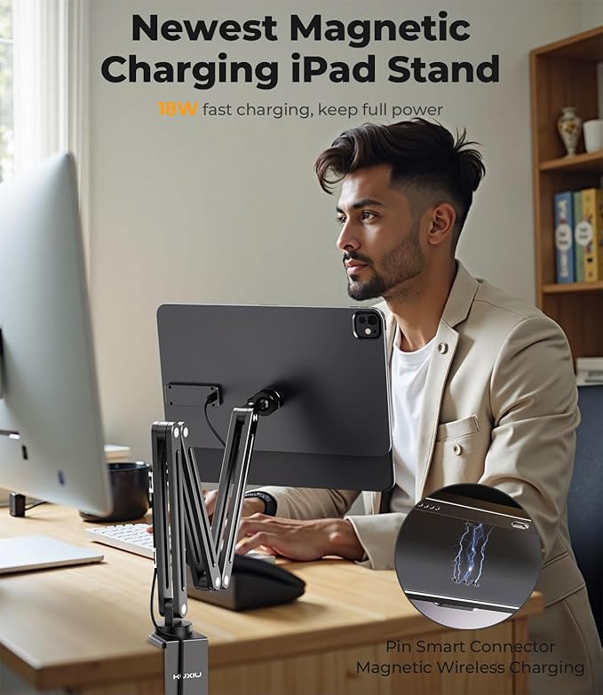Magnetic Wireless Charging Stand for iPad Pro 13" M4 (2024), Foldable Adjustable Arm Mount with 2M Cable, Aluminum Alloy Tablet Holder for Desk