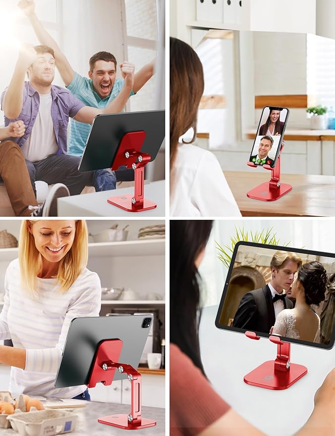 OCYCLONE Phone Stand, Adjustable Height and Angle Foldable Cell Phone Stand Holder for Desk, Taller iPhone Stand Compatible with 4.7"-13" Smartphones iPad Tablet, Red