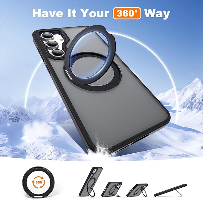 for Samsung Galaxy S24 FE Case with 360° Rotatable Magnetic Ring Stand Compatible with Mag-Safe Military Protection Shockproof Matte Translucent Phone Cases for S24 FE,Black