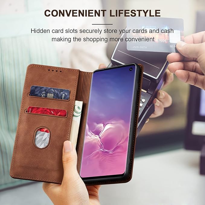 Jasonyu Flip Wallet Case for Samsung Galaxy S10,Leather Magnetic Folio Cover with Card Holder,Kickstand - TPU Shockproof Durable Protective Phone Case,Brown