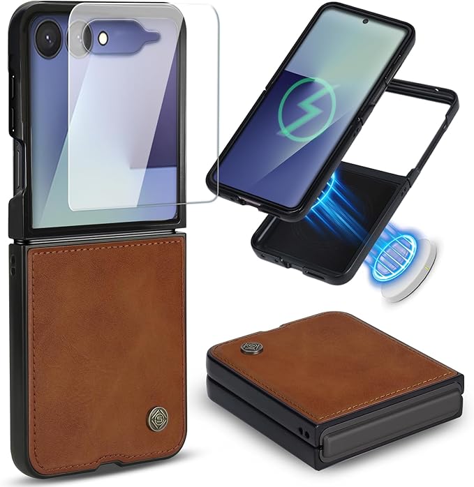 ASAPDOS Leather Folio Magnetic Case for Samsung Galaxy Z Flip 7 [Compatible with MagSafe],Built-in Screen Protector and PU Leather Thin Slim Protective Case Cover Brown