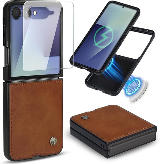 ASAPDOS Leather Folio Magnetic Case for Samsung Galaxy Z Flip 7 [Compatible with MagSafe],Built-in Screen Protector and PU Leather Thin Slim Protective Case Cover Brown