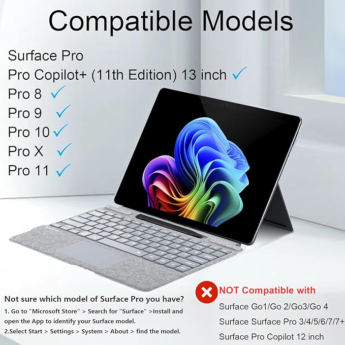 mobee Type Cover for Microsoft Surface Pro 13 inch, Compatible with Surface Pro 13"(11th Edition) / Pro 11 / Pro 10 / Pro 9 / Pro 8 / Pro X, Slim Keyboard with Trackpad Mouse, Backlit, & Pen Holder