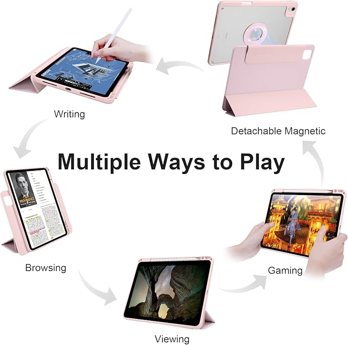 Case for iPad Air 13 Inch M3/M2 2025/2024, iPad Pro 12.9 Inch 6th/5th Generation 2022/2021 with Pencil Holder, Vertical Stand, Detachable Magnetic Trifold Stand Case,Auto Wake/Sleep, Pink