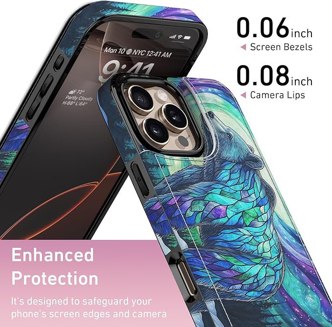 FUNMIKO for iPhone 16 Pro Wallet Case with Card Holder, RFID-Blocking, Military-Grade Protection & UV-Printed Artwork, Magnetic Closure with Leather Kickstand - Prismatic Aurora Bear