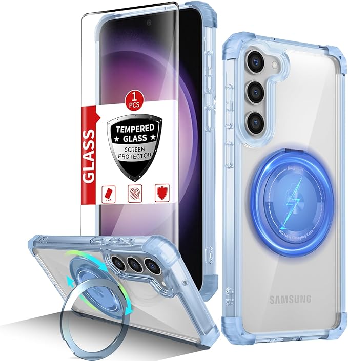 for Samsung Galaxy S23 Case Magnetic Compatible with MagSafe Wireless charging,with 360°Kickstand Ring,for S23 Phone Case with 1 Screen Protector,Military Grade Drop Protection Shockproof Blue