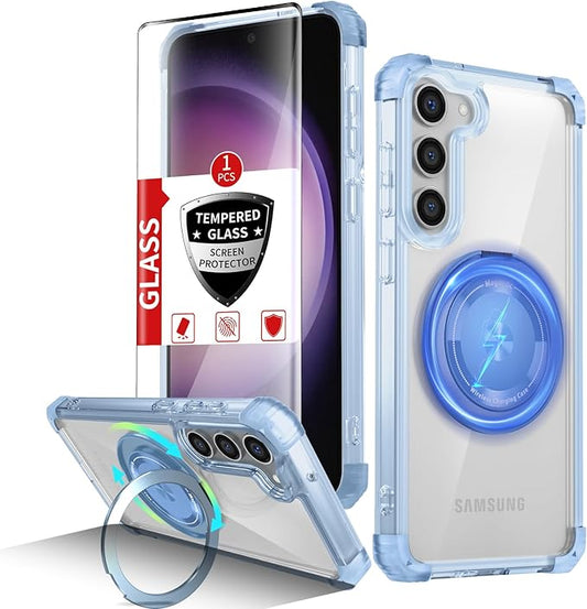 for Samsung Galaxy S23 Case Magnetic Compatible with MagSafe Wireless charging,with 360°Kickstand Ring,for S23 Phone Case with 1 Screen Protector,Military Grade Drop Protection Shockproof Blue