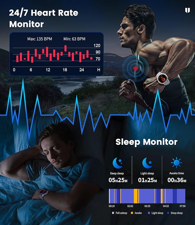 LIGE 1.43" AMOLED Smart Watch for Men with Flashlight, Bluetooth Calling, 100+ Sport Modes, 530mAh, IP68 Waterproof Fitness Tracker for Workout, iOS Android Compatible, Silver Steel