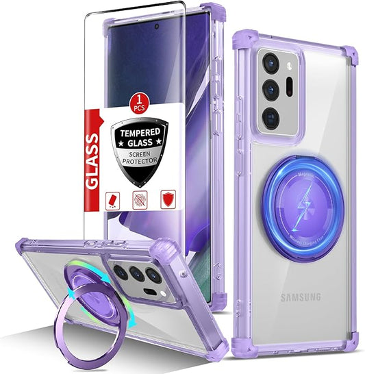 for Samsung Galaxy Note 20 Ultra Case Compatible with MagSafe Magnetic,with 1 Tempered Glass Screen Protector,Built-in 360°Kickstand Ring Military Grade Shockproof Heavy Duty Protection Purple